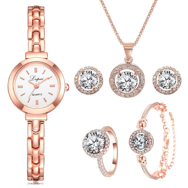 Lvpai Brand 6PCS Watch Set Women Luxury Fashion Ladies Rose Gold Quartz Wristwatches Women Famous Brand Crystal Dress Watches
